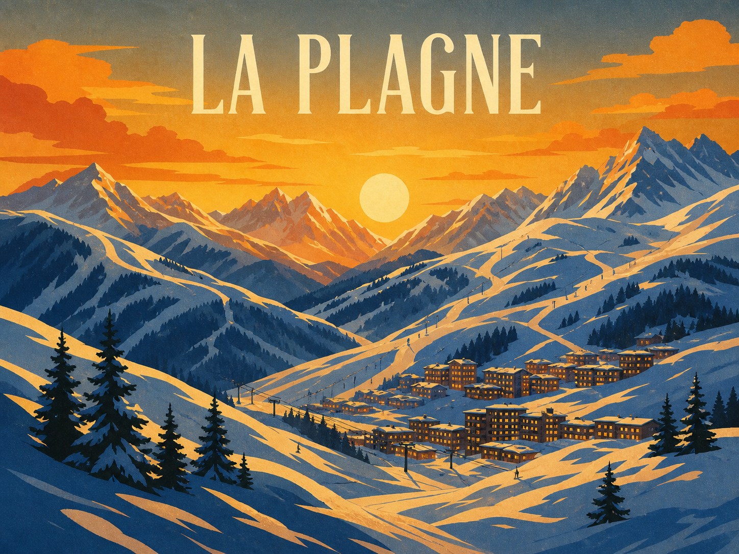 Illustrated La Plagne winter panorama with ski slopes and the resort at sunset